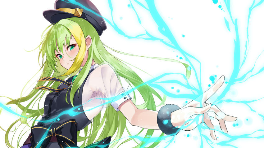 1girl alina_gray black_bow black_headwear black_necktie black_vest blonde_hair bow commentary_request cross_tie from_side fur_cuffs gradient_hair green_eyes green_hair hat highres lapels long_hair magia_record:_mahou_shoujo_madoka_magica_gaiden magical_girl mahou_shoujo_madoka_magica mamadasky multicolored_hair necktie notched_lapels partial_commentary peaked_cap puffy_short_sleeves puffy_sleeves see-through see-through_sleeves short_sleeves simple_background sleeve_cuffs solo streaked_hair upper_body v-neck very_long_hair vest waist_bow white_background white_sleeves