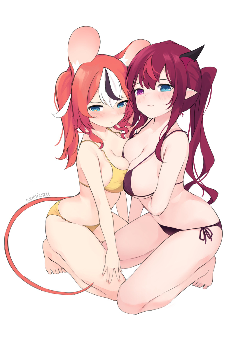 2girls absurdres animal_ears bangs blue_eyes blush breasts breasts_squeezed_together hair_between_eyes hakos_baelz heterochromia highres hololive hololive_english horns irys_(hololive) large_breasts long_hair looking_at_viewer medium_hair multiple_girls namiorii ponytail purple_eyes shy swimsuit white_background