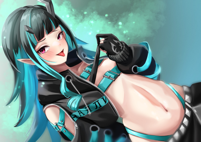 1girl 774_inc. bangs belt beltbra black_gloves black_hair black_skirt blue_belt blue_hair blush bra bra_pull chest_belt clothes_pull commentary_request cropped_jacket demon_girl demon_horns dutch_angle fang flat_chest fooming gloves highres horns jacket long_hair long_sleeves looking_at_viewer multicolored_hair navel open_clothes open_jacket open_mouth partially_fingerless_gloves pointy_ears pulled_by_self red_eyes shishio_chris skin_fang skirt smile solo sugar_lyric tongue tongue_out two-tone_hair underwear upper_body virtual_youtuber zipper