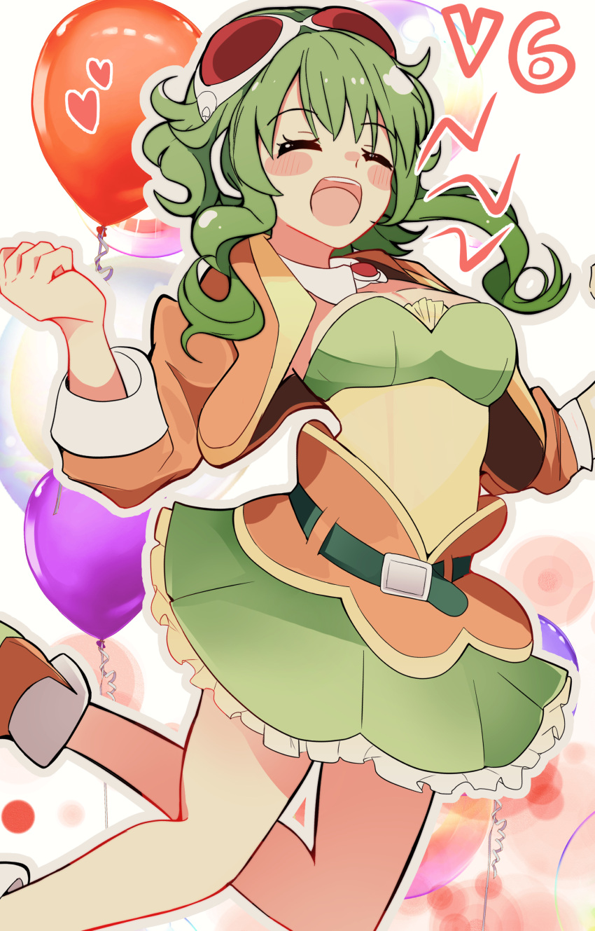 1girl absurdres balloon bare_legs belt blush_stickers breasts brooch clenched_hand closed_eyes cropped_jacket detached_collar feet_out_of_frame feet_up frilled_skirt frills goggles goggles_on_head green_belt green_hair green_skirt green_tube_top grey_outline gumi gumi_(ai_megpoid) hands_up heart highres jacket jewelry jumping medium_breasts music open_clothes open_jacket open_mouth orange_jacket outline pachio_(patioglass) pleated_skirt shiny shiny_hair short_hair short_hair_with_long_locks simple_background singing skirt solo strapless teeth tube_top upper_teeth_only vocaloid white_background