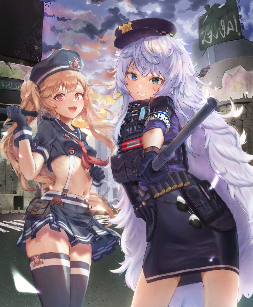 2girls :d absurdres ammunition_belt armband baton_(weapon) belt black_gloves black_headwear black_shirt black_skirt black_thighhighs blue_eyes blush breasts cloud cloudy_sky cowboy_shot crop_top cropped_shirt day fang gloves goddess_of_victory:_nikke hat highres holding holding_weapon korean_commentary light_brown_hair long_hair looking_at_viewer military military_hat military_uniform miniskirt miranda_(nikke) mixed-language_commentary multiple_girls navel open_mouth outdoors parted_lips peaked_cap pencil_skirt pisik pleated_skirt poli_(nikke) police police_uniform red_eyes ribs ruins shirt short_sleeves skin_fang skindentation skirt sky small_breasts smile stomach suspender_skirt suspenders tactical_clothes thick_eyebrows thighhighs thighs twintails uniform utility_belt very_long_hair walkie-talkie wavy_hair weapon white_hair zettai_ryouiki