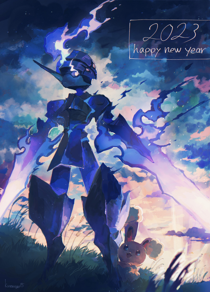 2023 :d absurdres blade blue_fire buneary ceruledge commentary_request fire from_below grass happy_new_year highres nagakura_(seven_walkers) open_mouth outdoors pokemon pokemon_(creature) purple_fire signature smile standing twilight