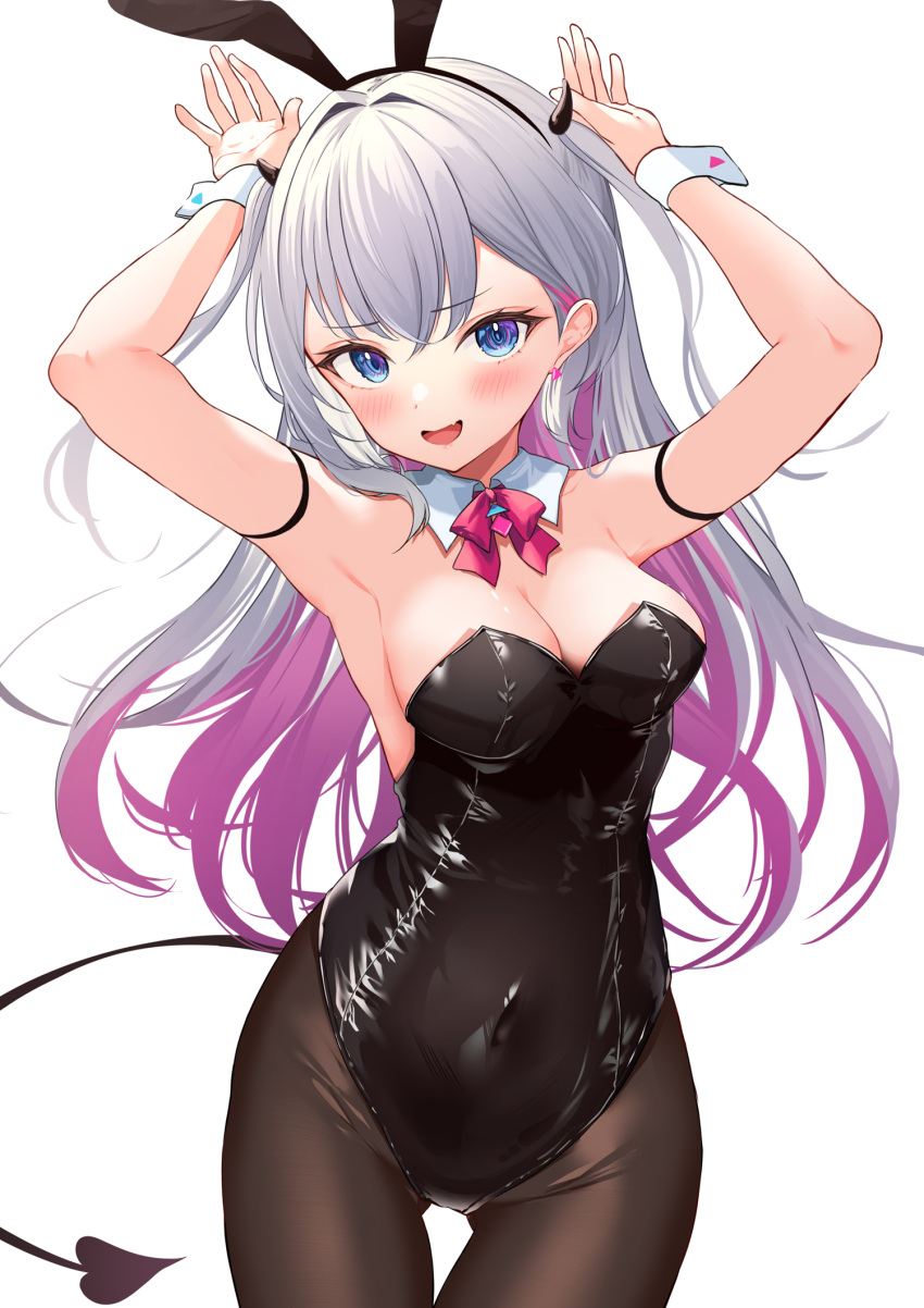 1girl animal_ears armpits arms_up avatar_2.0_project bangs black_leotard blue_eyes bow bowtie breasts brown_pantyhose bunny_pose cleavage collar colored_inner_hair covered_navel cowboy_shot demon_tail detached_collar equal_(heartstrings) fake_animal_ears fang grey_hair highres large_breasts leotard long_hair looking_at_viewer multicolored_hair musubime_yui open_mouth pantyhose pink_bow pink_bowtie pink_hair playboy_bunny rabbit_ears simple_background skin_fang smile solo strapless strapless_leotard tail two-tone_hair two_side_up virtual_youtuber white_background white_collar wrist_cuffs