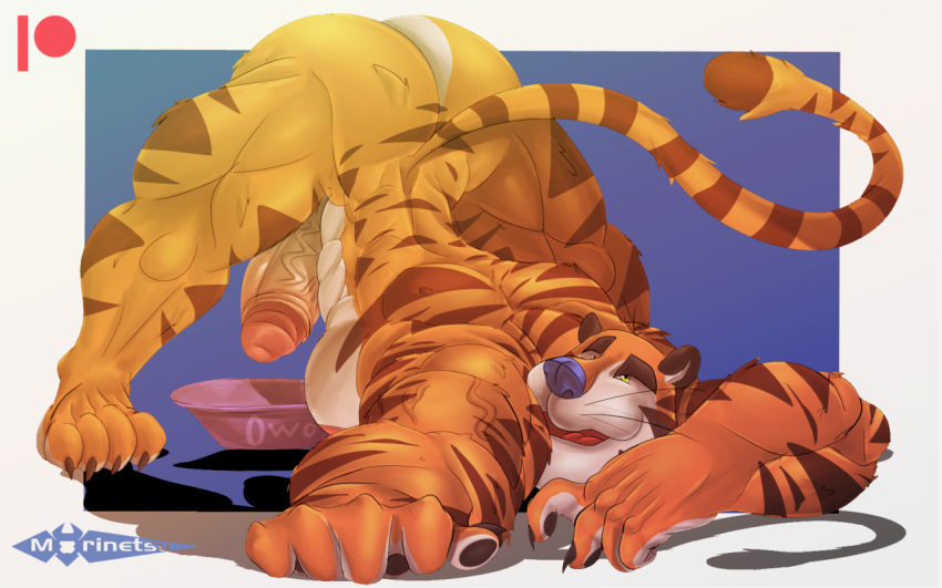 16:10 anthro aroused back_muscles butt erection felid frosted_flakes genitals jack-o'_pose kellogg's male mammal mascot morinetsu muscular muscular_anthro pantherine penis plate pose solo tiger tony_the_tiger widescreen
