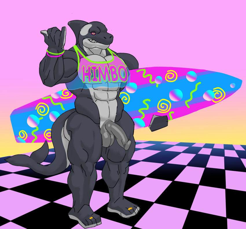 80's_theme absurd_res animal_humanoid anthro big_penis bottomless cetacean cetacean_humanoid clothed clothing dolphin genitals hi_res himbo humanoid male mammal marine marine_humanoid muscular oceanic_dolphin orca orca_humanoid penis solo solo_focus surfboard text text_on_clothing thick_thighs tiburalgo toothed_whale translucent translucent_clothing vaporwave