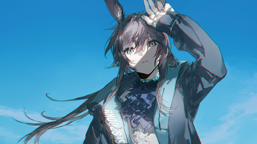 1girl amiya_(arknights) animal_ears arknights arm_up bangs blue_coat blue_sky cheonyeon-hi choker cloud coat commentary_request english_text eyes_visible_through_hair frilled_shirt frills grey_hair hair_over_eyes hair_strand highres jabot jewelry long_hair long_sleeves looking_at_viewer open_clothes open_coat open_mouth parted_lips rabbit_ears rabbit_girl ring shading_eyes shirt sidelocks sky sleeves_past_wrists solo sunlight upper_body
