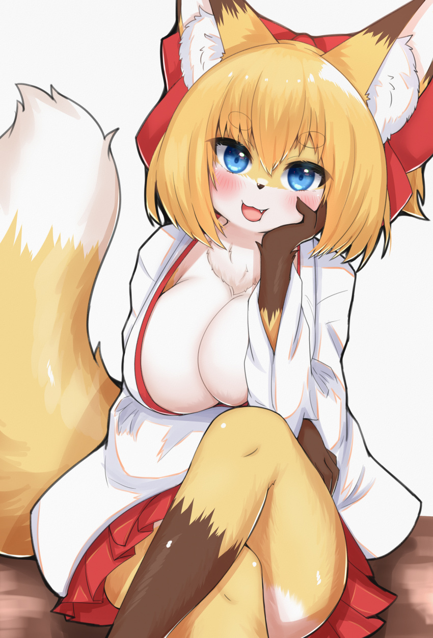 2023 anthro asian_clothing big_breasts blonde_hair blue_eyes blush breasts brown_body brown_fur canid canine cleavage clothed clothing crossed_legs digital_media_(artwork) dipstick_ears dipstick_tail east_asian_clothing female female_anthro fox fox_next_door_(horokusa) fur gloves_(marking) hair hi_res horokusa0519 inner_ear_fluff japanese_clothing kemono leg_markings looking_at_viewer mammal markings miko_outfit multicolored_body multicolored_ears multicolored_fur short_hair shrine_maiden socks_(marking) solo tail tail_markings tuft white_body white_fur yellow_body yellow_fur