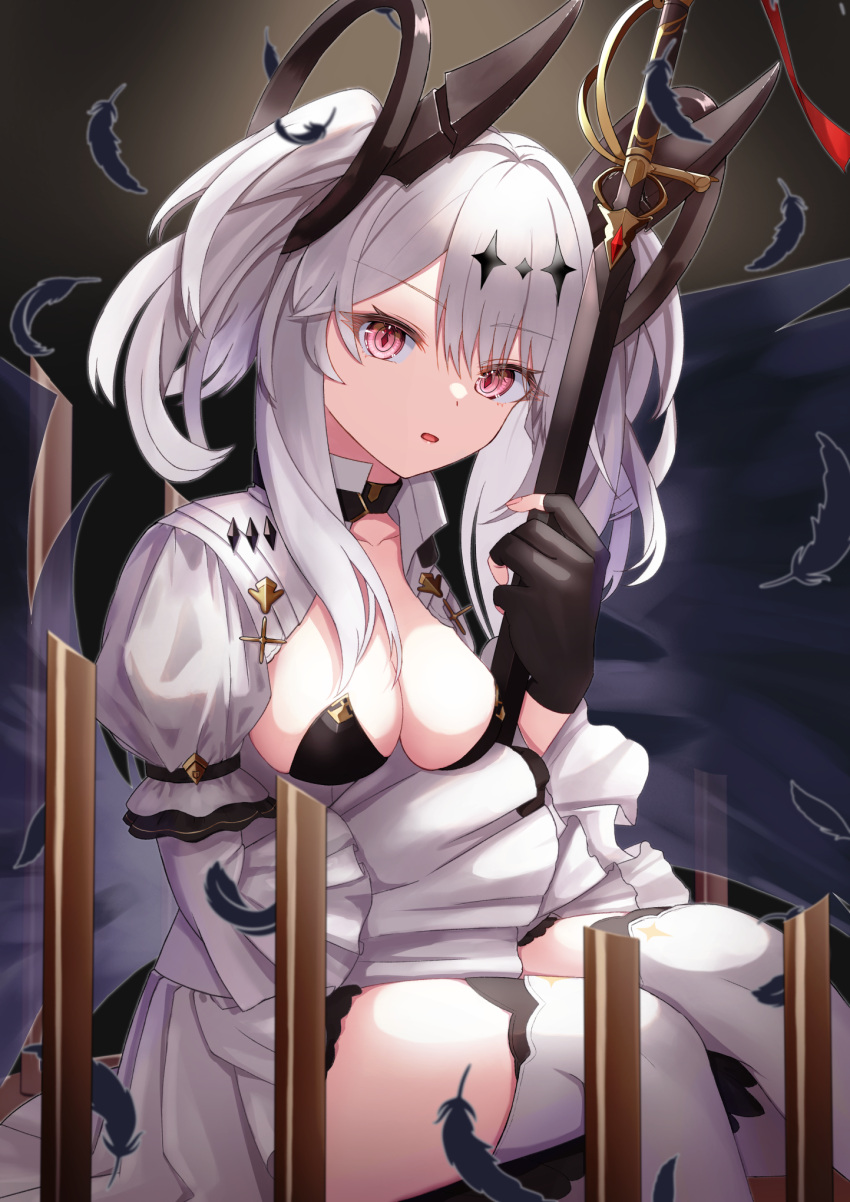 1girl azur_lane black_choker black_feathers breasts center_opening choker diamond_(shape) dress feathers fingerless_gloves fleur_de_lis framed_breasts from_side gloves headgear highres holding joffre_(azur_lane) juliet_sleeves long_hair long_sleeves looking_at_viewer medium_breasts puffy_sleeves purple_eyes rakuhinata sitting solo thighhighs twintails white_dress white_hair white_thighhighs