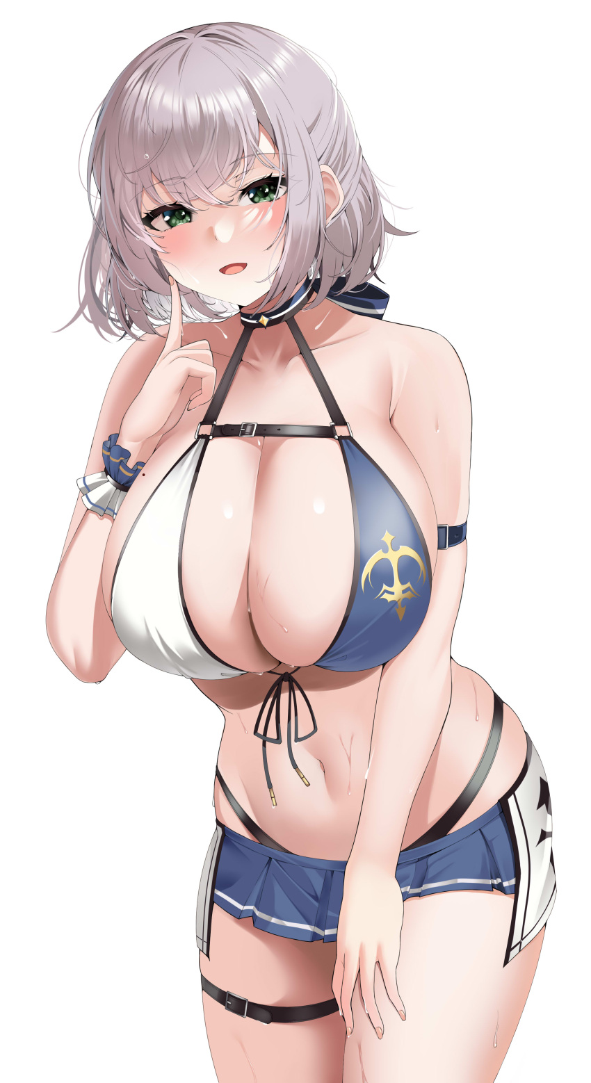 1girl absurdres arm_strap bangs bare_shoulders bikini blue_skirt blush breasts cleavage collarbone cowboy_shot green_eyes grey_hair hand_up highres hololive large_breasts looking_at_viewer navel oidoden2535 open_mouth parted_lips shirogane_noel short_hair simple_background skirt smile solo stomach swimsuit thigh_strap thighs virtual_youtuber white_background