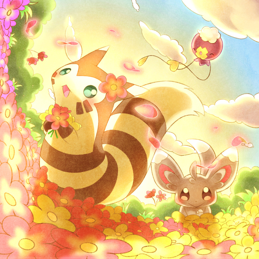 :&gt; :d blush closed_mouth cloud commentary_request day drifloon flower furret green_eyes highres holding holding_flower looking_at_viewer minccino no_humans open_mouth outdoors pink_flower pokemon pokemon_(creature) putto sky smile tongue yellow_flower