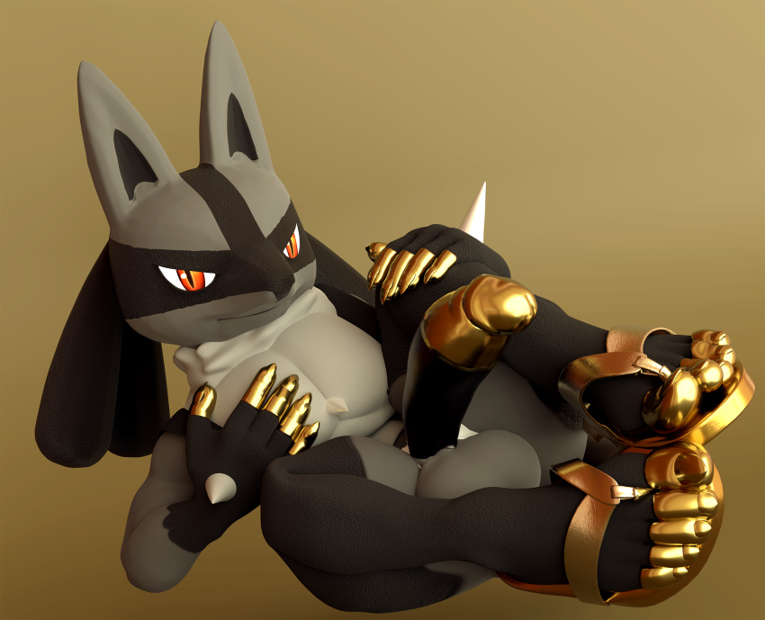 3d_(artwork) 5_toes adynamical anthro blender_(software) canid clothing digital_media_(artwork) feet footwear generation_4_pokemon genitals gold_(metal) gold_jewelry hi_res jewelry looking_at_viewer lucario male mammal nintendo pokemon pokemon_(species) sandals simple_background solo super_smash_bros. super_smash_bros._ultimate toes