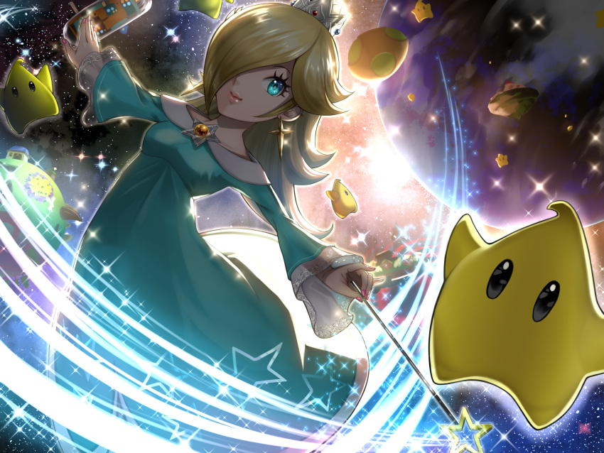 1girl absurdres black_hole blonde_hair blue_dress blue_eyes brooch crown delsaber dress grass hair_over_one_eye highres jewelry long_hair luma_(mario) mario_(series) pink_nails planet rosalina sky smile star_(sky) star_(symbol) starry_sky sun super_mario_galaxy wand