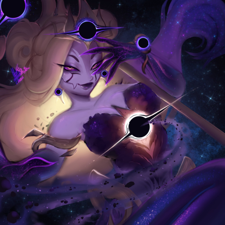 1girl arm_up artist_name bangs bare_shoulders black_hole blonde_hair breasts cleavage collarbone colored_sclera fangs highres ibkio_chan large_breasts league_of_legends long_hair looking_at_viewer nami_(league_of_legends) pink_sclera skin_fangs smile solo space upper_body yellow_eyes