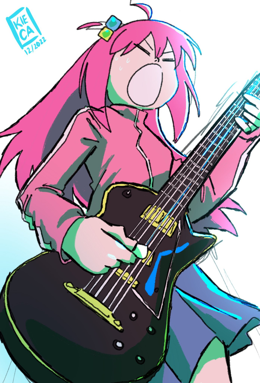 1girl bangs bocchi_the_rock! closed_eyes cube_hair_ornament dated electric_guitar gibson_les_paul gotou_hitori guitar hair_ornament highres holding holding_instrument instrument jacket kiecaburn long_hair long_sleeves music one_side_up open_mouth pink_hair pink_jacket playing_instrument pleated_skirt signature skirt solo track_jacket