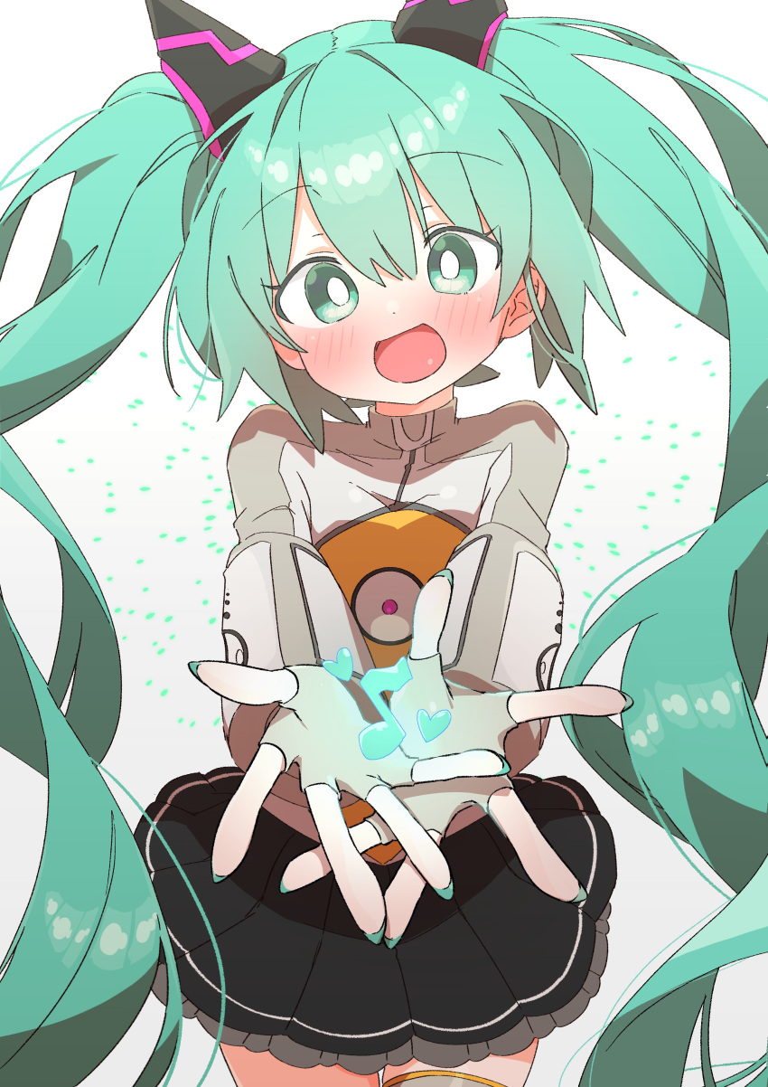 :d absurdres aqua_eyes aqua_hair aqua_nails black_skirt blush bodysuit bright_pupils bubble_skirt fingerless_gloves gloves grey_bodysuit hatsune_miku heart heartbeat_(module) highres long_hair looking_at_viewer musical_note odds_&amp;_ends_(vocaloid) orange_bodysuit skirt smile speaker thighhighs twintails two-tone_bodysuit uruti_2388 very_long_hair vocaloid white_pupils zettai_ryouiki