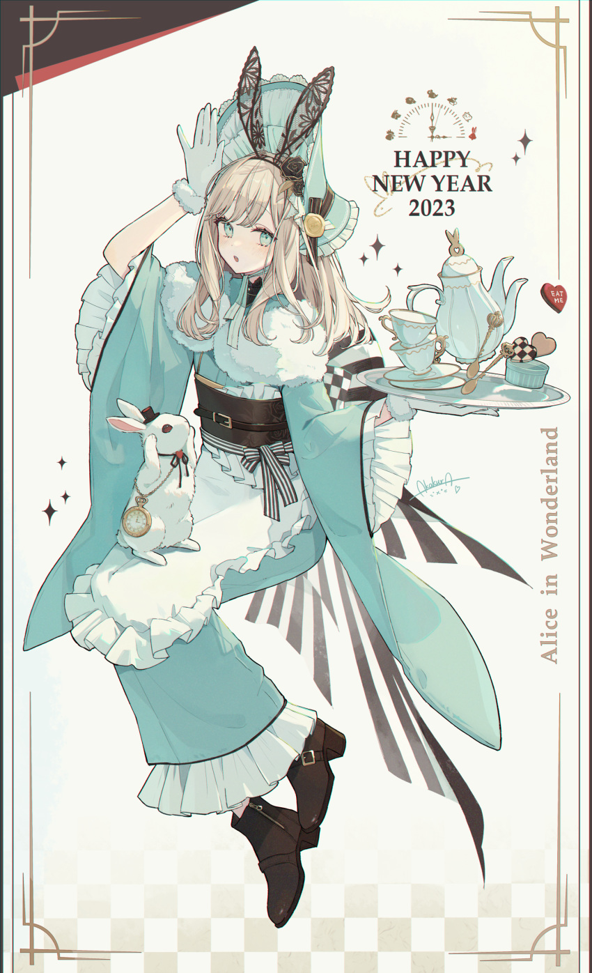 1girl 2023 absurdres akakura alice_(alice_in_wonderland) alice_in_wonderland analog_stopwatch animal_ears apron aqua_eyes aqua_headwear aqua_kimono belt blonde_hair bonnet boots brown_footwear checkerboard_cookie chinese_zodiac cookie copyright_name cup english_text food frilled_apron frilled_sleeves frills gloves hairband hands_up happy_new_year headdress highres holding holding_tray japanese_clothes kimono lolita_fashion looking_at_viewer medium_hair obi open_mouth original plate rabbit rabbit_ears ribbon sash saucer shoes signature simple_background spoon teacup teapot teaspoon tray waist_apron white_gloves white_rabbit_(animal) wide_sleeves year_of_the_rabbit