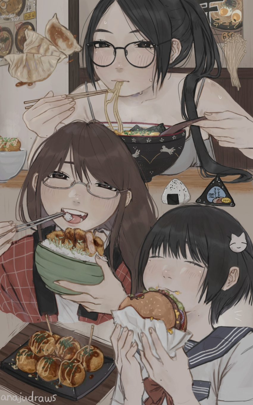 3girls anajudraws artist_name black-framed_eyewear black_hair bow brown_eyes brown_hair burger cat_hair_ornament chopsticks eating food hair_ornament highres holding holding_food long_hair looking_at_viewer multiple_girls noodles onigiri open_mouth plaid plaid_shirt pot_stickers ramen red_bow school_uniform serafuku shirt short_hair takoyaki tonkatsu