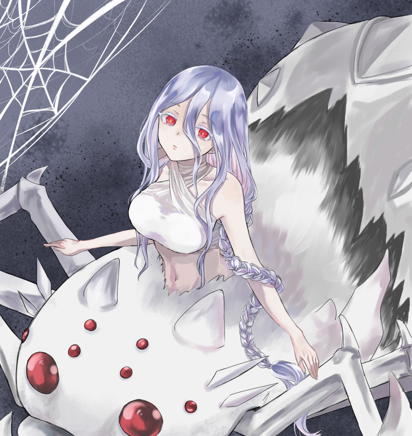 1girl absurdres arachne arthropod_girl arthropod_limbs bangs bare_shoulders braid breasts closed_mouth collarbone commentary extra_eyes hair_between_eyes halterneck highres kumo_desu_ga_nani_ka? kumoko_(kumo_desu_ga_nani_ka?) large_breasts long_bangs long_braid long_hair looking_at_viewer midriff monster_girl navel red_eyes sidelocks silk single_braid solo spider_girl spider_web spoilers standing taur uma_(zoe-182420) very_long_hair white_bandeau white_hair