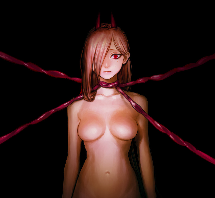 1girl bound breasts chainsaw_man cross-shaped_pupils crying crying_with_eyes_open dark dark_background dbrhk0506 hair_over_one_eye highres horns intestines long_hair looking_at_viewer navel no_nipples nude pink_hair power_(chainsaw_man) red_eyes red_horns sad small_breasts solo symbol-shaped_pupils tears