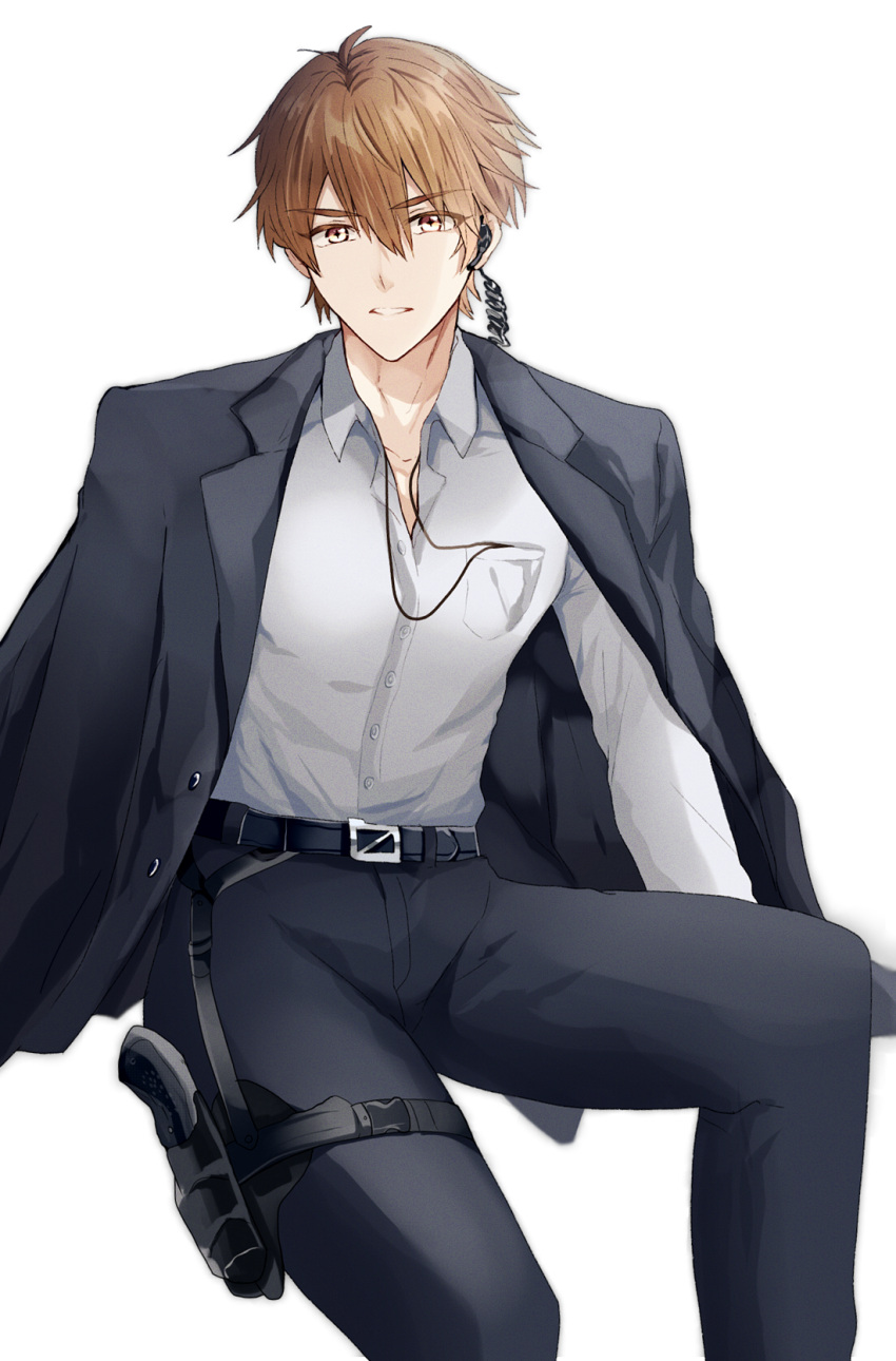 1boy bangs belt black_jacket black_pants brown_eyes brown_hair collared_shirt earpiece formal grey_shirt gun h_haluhalu415 handgun highres holster holstered_weapon invisible_chair jacket long_sleeves looking_at_viewer luke_pearce_(tears_of_themis) male_focus open_clothes open_jacket pants parted_lips shirt short_hair simple_background sitting solo tears_of_themis thigh_holster weapon white_background