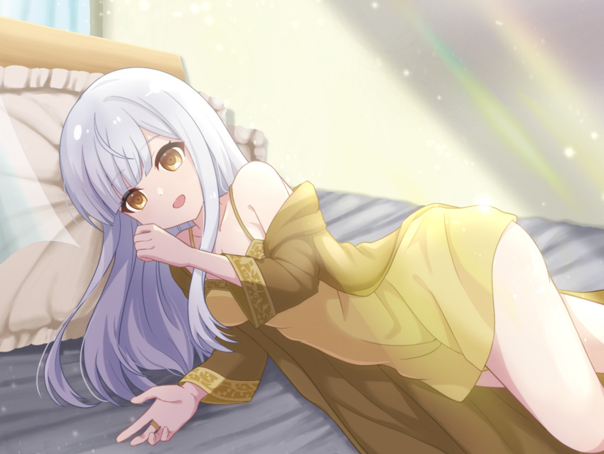 1girl :d assault_lily bangs bare_shoulders bed blunt_bangs breasts collarbone commentary_request commission cowboy_shot curtains dress earrings frilled_pillow frills grey_hair hair_down highres indoors jewelry kon_kanaho light_particles long_hair long_sleeves looking_at_viewer lying medium_breasts nightgown on_bed on_side open_clothes open_mouth open_robe piatin pillow robe short_dress sidelocks skeb_commission sleeveless sleeveless_dress smile solo spaghetti_strap sunlight yellow_dress yellow_eyes yellow_robe