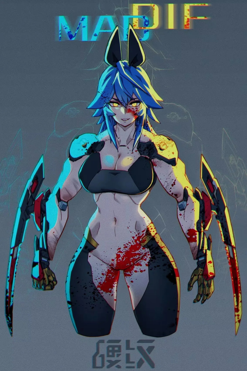 1girl black_bow blade blood blood_censor blood_on_face blue_hair bottomless bow breasts cameltoe cleavage cyberpunk cyberpunk_(series) cyberpunk_2077 cyborg highres large_breasts liren44 long_hair looking_at_viewer mechanical_arms muscular muscular_female navel original smile yellow_eyes