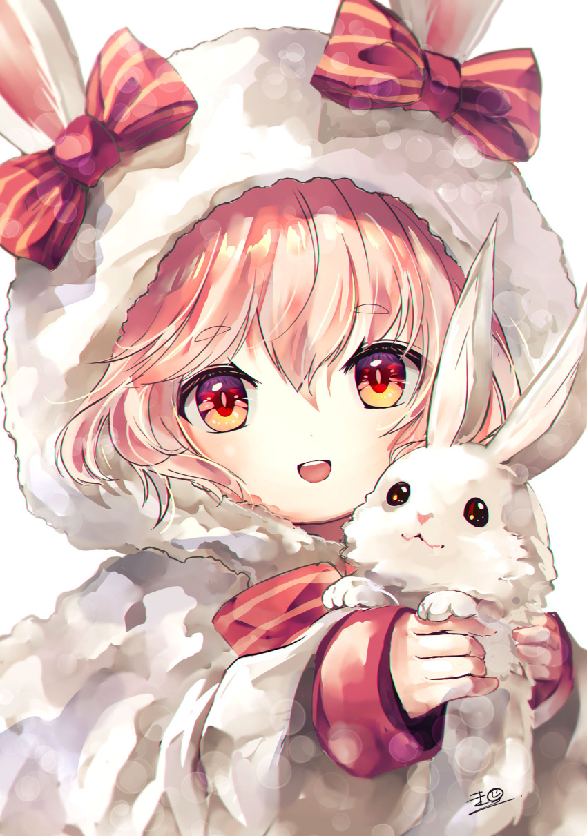 1girl :d absurdres animal animal_ears bow highres holding holding_animal hood hood_up looking_at_viewer open_mouth original pink_hair rabbit rabbit_ears red_bow sanamisa simple_background smile solo teeth upper_body upper_teeth_only white_background yellow_eyes