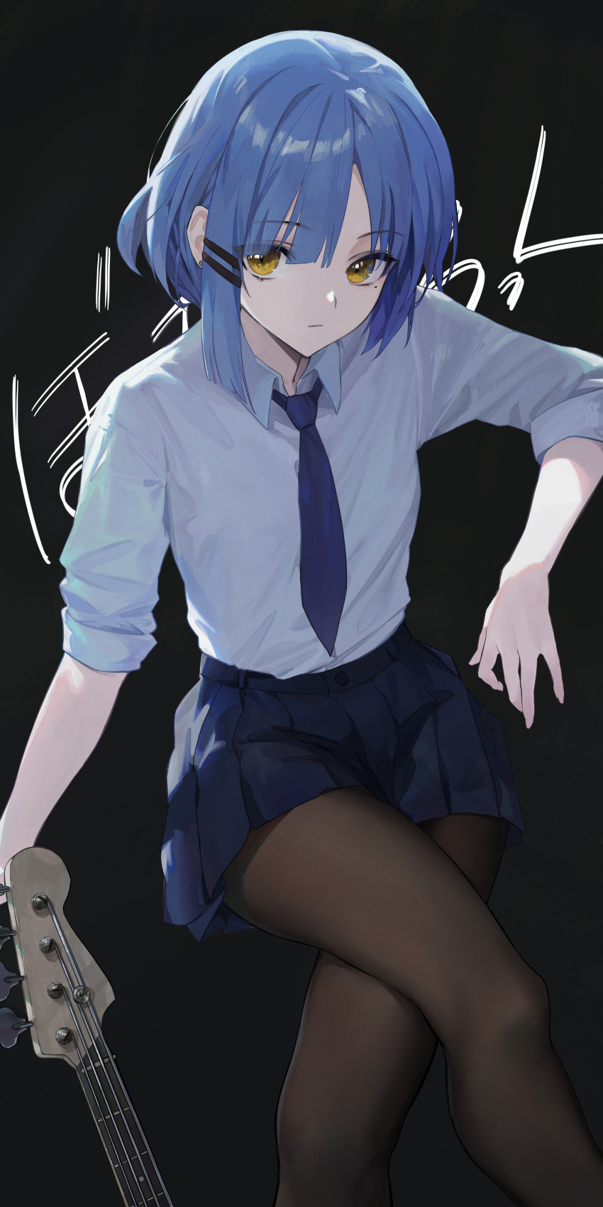 1girl absurdres bafangyu bangs bass_guitar blue_hair blue_necktie bocchi_the_rock! collared_shirt commentary_request crossed_legs feet_out_of_frame highres instrument legs mole mole_under_eye necktie pantyhose pleated_skirt school_uniform shirt shirt_tucked_in short_hair skirt solo thighs white_shirt yamada_ryou yellow_eyes