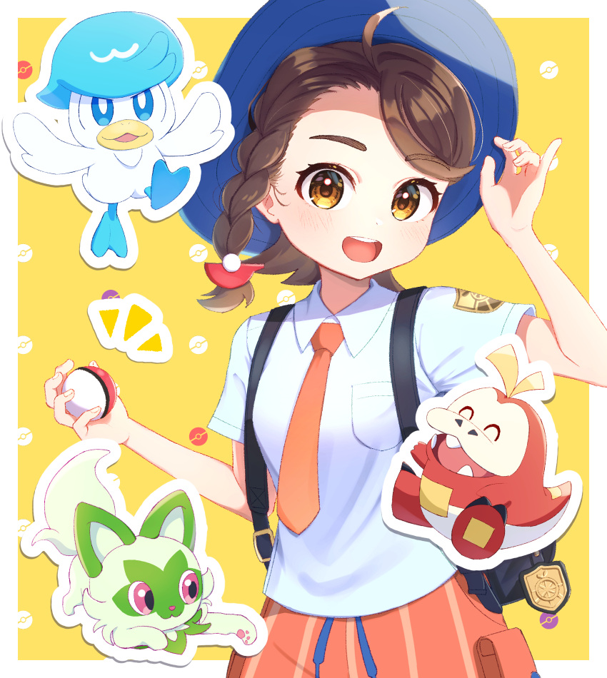 1girl :d ahoge backpack bag bangs black_bag blue_headwear blush braid breast_pocket brown_eyes brown_hair collared_shirt commentary_request fuecoco hat highres holding holding_poke_ball juliana_(pokemon) logo looking_at_viewer necktie notice_lines open_mouth orange_necktie orange_shorts outline pocket poke_ball poke_ball_(basic) poke_ball_symbol pokemon pokemon_(creature) pokemon_(game) pokemon_sv quaxly shirt short_sleeves shorts smile sprigatito starter_pokemon_trio teeth terupu_(eule312) tongue upper_teeth_only white_shirt yellow_background