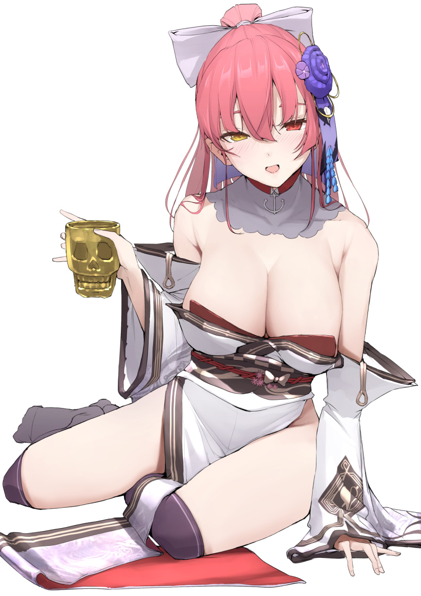 1girl arm_support bangs blush breasts cleavage cup detached_collar detached_sleeves dokuro-kun_(houshou_marine) flower full_body hair_between_eyes hair_flower hair_ornament heterochromia highres holding holding_cup hololive houshou_marine japanese_clothes kimono large_breasts long_hair long_sleeves looking_at_viewer mitsuru_(pixiv_34028718) no_shoes off_shoulder open_mouth pink_hair ponytail red_eyes simple_background solo virtual_youtuber white_background white_kimono yellow_eyes