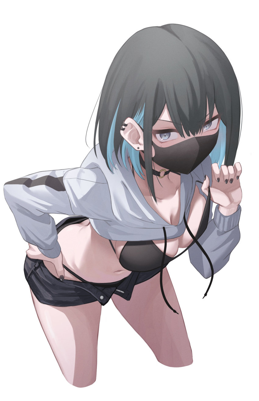 1girl absurdres adjusting_bra adjusting_clothes black_bra black_choker black_hair black_mask black_nails black_panties blue_eyes blue_hair bra choker collarbone colored_inner_hair cropped_legs drawstring ear_piercing earrings frown hand_on_hip hand_up highres jewelry long_sleeves looking_at_viewer mask mole mole_under_mouth mouth_mask multicolored_hair nail navel open_fly original panties piercing short_hair short_shorts shorts shrug_(clothing) simple_background solo string_panties underwear white_background yako_mashiro