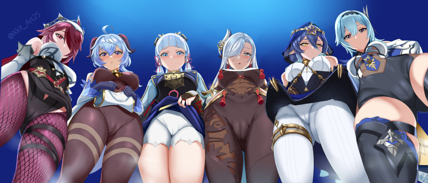 6+girls absurdres ahoge arm_guards armor armored_dress bangs bare_shoulders bell belt black_dress black_gloves black_hairband black_leotard black_skirt black_thighhighs blue_cape blue_dress blue_eyes blue_hair blue_hood blue_shirt blunt_bangs blush bodystocking bodysuit braid braided_ponytail breastplate breasts bridal_gauntlets brown_bodysuit brown_pantyhose cameltoe cape circlet claw_ring clothes_lift covered_navel detached_sleeves dress dress_lift drill_hair drill_locks elbow_gloves eula_(genshin_impact) fishnet_pantyhose fishnets from_below ganyu_(genshin_impact) genshin_impact gloves habit hair_between_eyes hair_ornament hair_over_one_eye hairband highres hip_vent hood hood_up horns japanese_armor jewelry kamisato_ayaka large_breasts layla_(genshin_impact) leotard light_blue_hair long_hair long_sleeves looking_at_viewer low_twintails medium_breasts medium_hair multicolored_clothes multicolored_hair multicolored_headwear multiple_girls neck_ring necktie nun open_clothes open_shirt pants pantyhose partially_fingerless_gloves pelvic_curtain perspective pointy_ears ponytail puffy_long_sleeves puffy_sleeves purple_eyes purple_hair purple_pantyhose red_hair rope rosaria_(genshin_impact) sash shenhe_(genshin_impact) shirt short_hair short_sleeves shorts sidelocks skirt streaked_hair tabard tassel thighhighs thighlet thighs tiara tight tight_pants twintails two-tone_dress underbust very_long_hair white_dress white_gloves white_hair white_pants white_shirt white_shorts xkit yellow_eyes