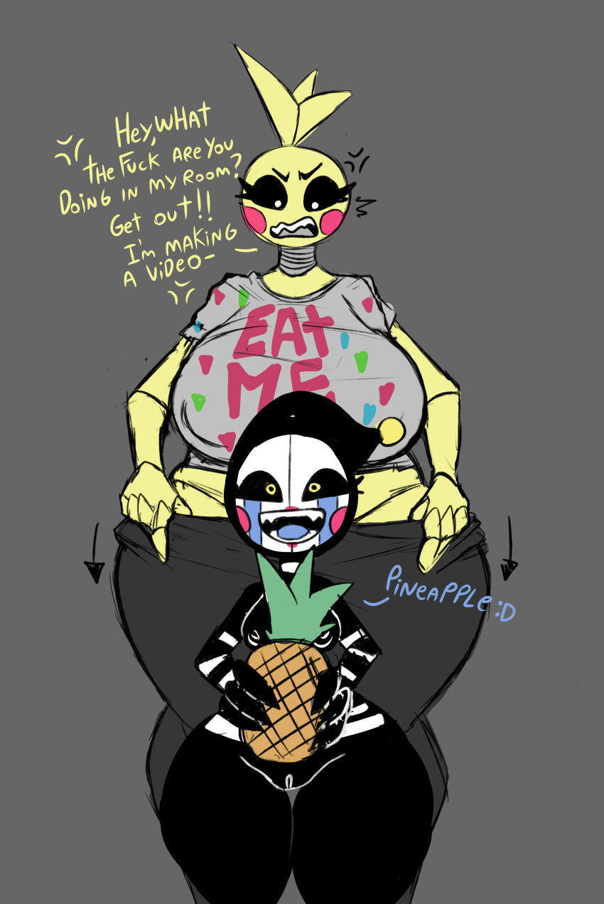 absurd_res angry animate_inanimate animatronic anthro avian big_breasts bird black_body black_sclera bottomwear bottomwear_down breasts chicken clothed clothing convenient_censorship cross-popping_vein cumlord dialogue duo eyelashes facial_markings female five_nights_at_freddy's five_nights_at_freddy's_2 food fruit galliform gallus_(genus) genitals grey_background grey_bottomwear grey_clothing grey_pants grey_shirt grey_topwear head_feathers head_markings head_tuft hi_res holding_food holding_object huge_breasts humanoid inverted_nipples looking_at_viewer machine markings nipple_outline nipples nude open_mouth orange_pubes pants pants_down partially_clothed phasianid pineapple plant pubes pussy robot robot_humanoid rosy_cheeks scottgames security_puppet_(fnaf) shirt short_stack simple_background stripes talking_to_another talking_to_viewer tear_(marking) text text_on_clothing thick_thighs topwear toy_chica_(fnaf) tuft white_body white_eyes white_stripes wide_hips yellow_body yellow_eyes