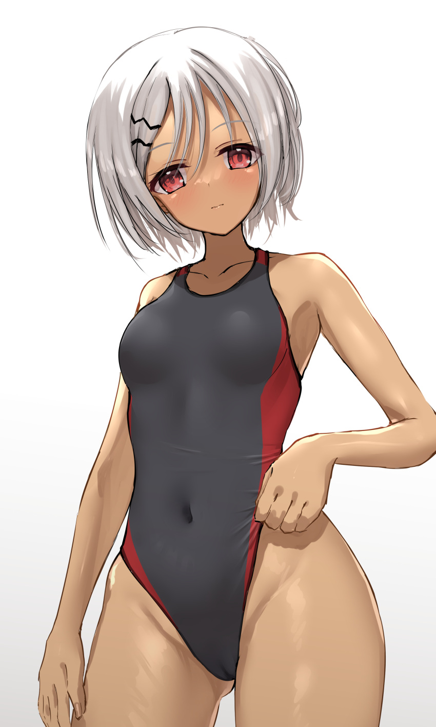 1girl absurdres adjusting_buruma adjusting_clothes adjusting_swimsuit amairo_islenauts bangs blush breasts buruma cameltoe closed_mouth collarbone competition_swimsuit covered_navel dark-skinned_female dark_skin eyelashes grey_hair groin hair_between_eyes hair_ornament hairpin highleg highres hinomiya_konoka looking_at_viewer ncontrail_(mgax7527) one-piece_swimsuit parted_bangs red_eyes short_hair simple_background small_breasts solo swimsuit thighs wavy_mouth white_background yuzu-soft