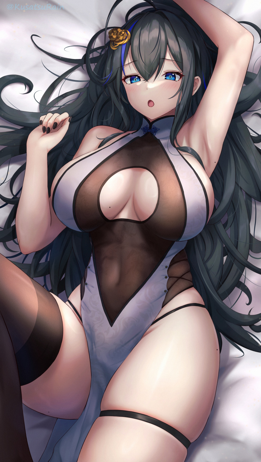 1girl :o absurdres amano_kusatsu arm_up armpits bare_arms bare_shoulders bed_sheet black_hair black_nails blue_eyes breasts brown_dress brown_thighhighs china_dress chinese_clothes cleavage cleavage_cutout clothing_cutout covered_navel dress hair_ornament hair_spread_out hand_up highres large_breasts leg_up long_hair looking_at_viewer lying mole mole_on_armpit mole_on_breast mole_on_thigh multicolored_hair nail_polish on_back open_mouth original panties panty_peek panty_straps pelvic_curtain sideboob single_thighhigh skindentation sleeveless sleeveless_dress solo streaked_hair string_panties thigh_strap thighhighs thighs two-tone_dress underwear very_long_hair white_dress