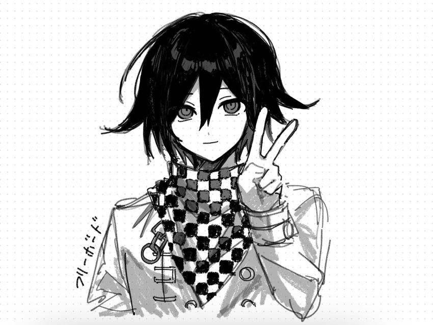 1boy bangs buttons checkered_clothes checkered_scarf closed_mouth danganronpa_(series) danganronpa_v3:_killing_harmony flipped_hair hair_between_eyes hand_up highres jacket long_sleeves looking_at_viewer ouma_kokichi scarf short_hair sketch smile solo translation_request upper_body v ze_ro_saiji