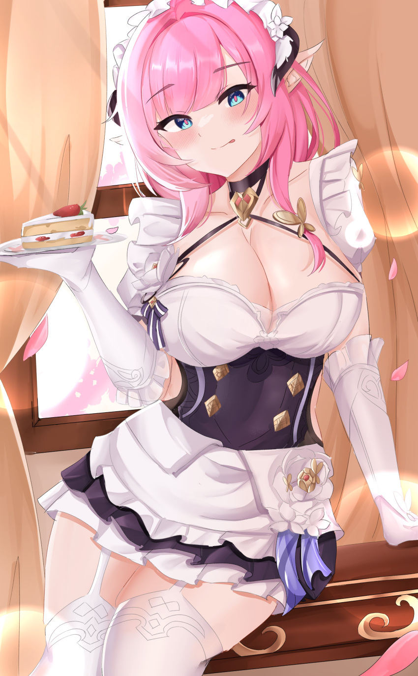 1girl absurdres apron bangs bare_shoulders blue_eyes blush breasts cake cake_slice cleavage curtains dress elf elysia_(honkai_impact) food gloves hair_ornament highres holding holding_tray honkai_(series) honkai_impact_3rd kuro_(blackpgmickey) large_breasts light_rays long_hair looking_at_viewer maid maid_apron maid_cafe maid_headdress pink_hair pointy_ears ponytail purple_eyes ribbon skirt smile solo strawberry_cake sunlight thighhighs tray white_gloves window