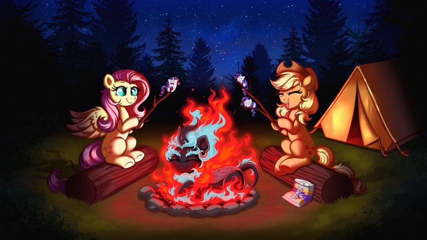 absurd_res applejack_(mlp) asian_mythology autumn_blaze_(mlp) blonde_hair blue_eyes camp campfire candy chinese_mythology clothing confetticakez cowboy_hat dessert earth_pony east_asian_mythology equid equine eyes_closed female fire fluttershy_(mlp) food forest freckles friendship_is_magic hair hasbro hat headgear headwear hi_res horn horse kirin log mammal marshmallow my_little_pony mythology night nirik pink_hair plant pony rarity_(mlp) ravensun s'more sitting star stick tent tree unicorn wood