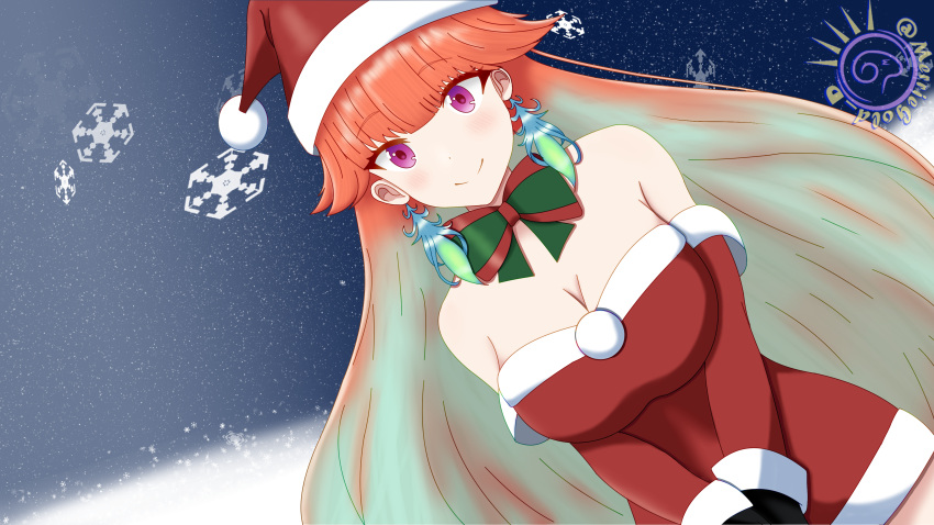 1girl absurdres bangs bow bow_choker breasts christmas earrings feather_earrings feathers gradient_hair hat highres hololive hololive_english holomyth jewelry long_hair looking_at_viewer merriegold_d multicolored_hair santa_costume santa_hat snow takanashi_kiara virtual_youtuber