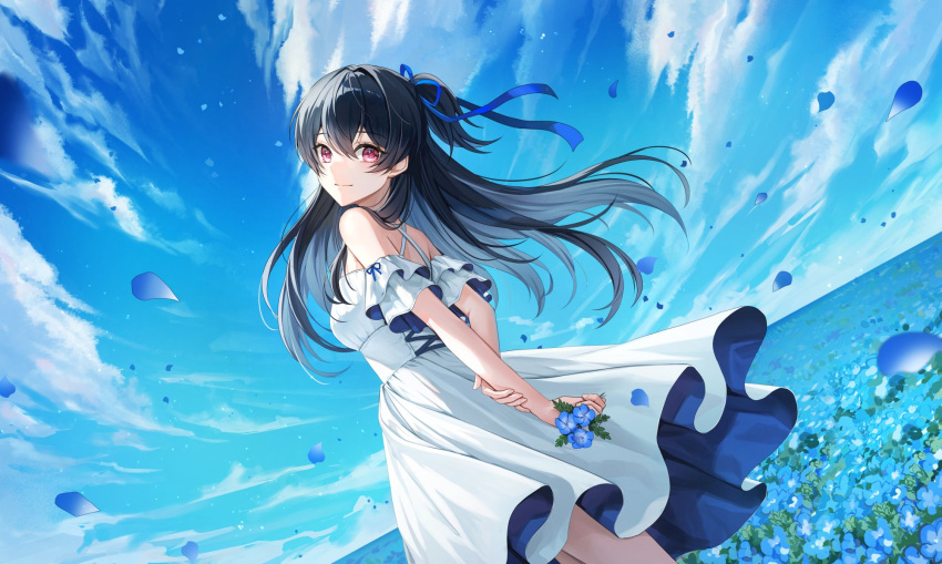 1girl arms_behind_back bangs black_hair blue_flower blue_ribbon blue_sky cloud cloudy_sky day dress dutch_angle field flower flower_field from_behind hair_ribbon highres holding holding_flower light_smile long_hair looking_at_viewer off-shoulder_dress off_shoulder original outdoors plus1024 red_eyes ribbon sidelocks sky solo summer white_dress