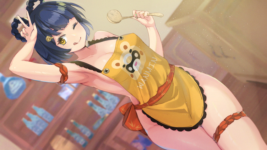 1girl ;q adopot apron arm_strap arm_up armpits bangs bare_arms bare_shoulders blue_hair blurry blurry_background braid breasts character_print cleavage cowboy_shot drawer dutch_angle eyebrows_hidden_by_hair frilled_apron frills genshin_impact groin guoba_(genshin_impact) hair_ornament hair_rings hairclip hand_up highres holding holding_ladle ladle looking_at_viewer medium_breasts naked_apron one_eye_closed orange_sash sash shelf short_hair sideboob solo text_print thick_eyebrows thigh_strap thighs tongue tongue_out twin_braids w xiangling_(genshin_impact) yellow_apron yellow_eyes