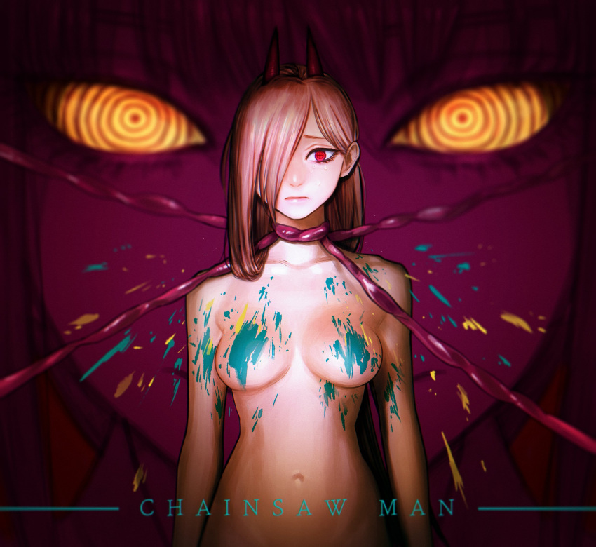 2girls bangs bound breasts chainsaw_man copyright_name cross-shaped_pupils crying crying_with_eyes_open dbrhk0506 hair_over_one_eye highres horns intestines long_hair looking_at_viewer makima_(chainsaw_man) medium_hair multiple_girls navel no_nipples nude paint_on_body paint_splatter pink_hair power_(chainsaw_man) red_eyes red_horns ringed_eyes sad sidelocks small_breasts smile symbol-shaped_pupils tears yellow_eyes