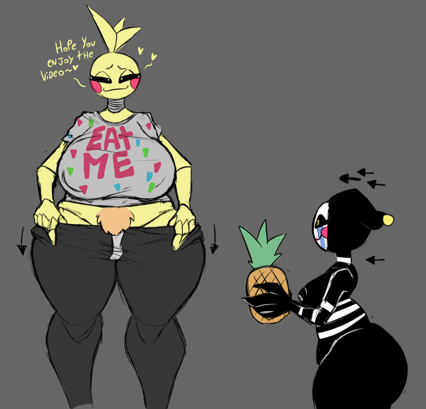 &lt;3 absurd_res animate_inanimate animatronic anthro avian big_breasts bird black_body black_sclera bottomwear bottomwear_down breasts chicken clothed clothing cumlord dialogue duo eyelashes facial_markings female five_nights_at_freddy's five_nights_at_freddy's_2 food fruit galliform gallus_(genus) grey_background grey_bottomwear grey_clothing grey_pants grey_shirt grey_topwear head_feathers head_markings head_tuft hi_res holding_food holding_object huge_breasts humanoid inverted_nipples machine markings narrowed_eyes nipple_outline nipples nude orange_pubes pants pants_down partially_clothed phasianid pineapple plant pubes robot robot_humanoid rosy_cheeks scottgames security_puppet_(fnaf) shirt short_stack simple_background stripes talking_to_viewer tear_(marking) text text_on_clothing thick_thighs topwear toy_chica_(fnaf) tuft undressing white_body white_eyes white_stripes wide_hips yellow_body yellow_eyes