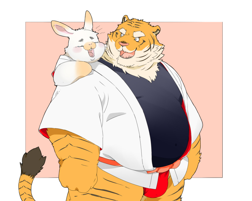 2023 anthro asian_clothing belly big_belly clothing duo east_asian_clothing eyes_closed felid fundoshi hi_res inunoshippo japanese_clothing kemono lagomorph leporid male mammal overweight overweight_male pantherine rabbit red_clothing red_fundoshi red_underwear shirt simple_background size_difference tiger topwear underwear