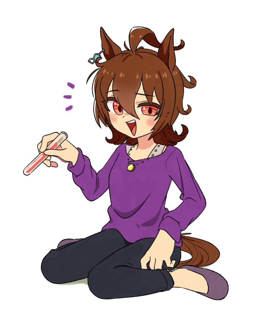 1girl agnes_tachyon_(umamusume) ahoge animal_ears appleq bangs black_pants brown_hair commentary_request full_body hair_between_eyes highres holding horse_ears horse_girl horse_tail long_sleeves pants purple_footwear purple_shirt red_eyes shadow shirt shoes simple_background sitting solo tail umamusume vial wariza white_background