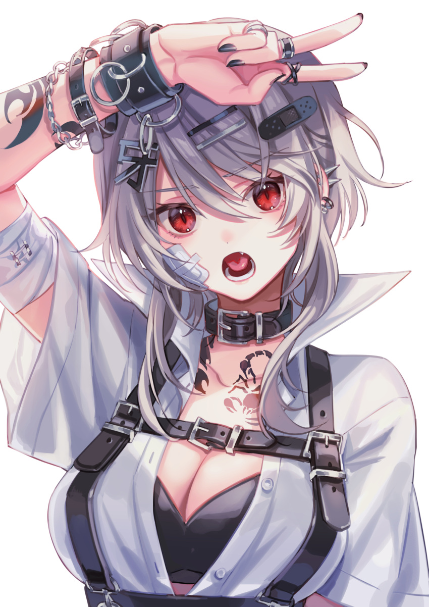 1girl arm_up bandage_on_face bandage_on_hair bandages black_bra black_nails bra bracelet breasts cleavage ear_piercing fang grey_hair highres jewelry large_breasts looking_at_viewer open_mouth original piercing red_eyes ring shirt short_hair simple_background solo suzaku_(zaku6584) tattoo teeth tongue underwear upper_body v white_background white_shirt
