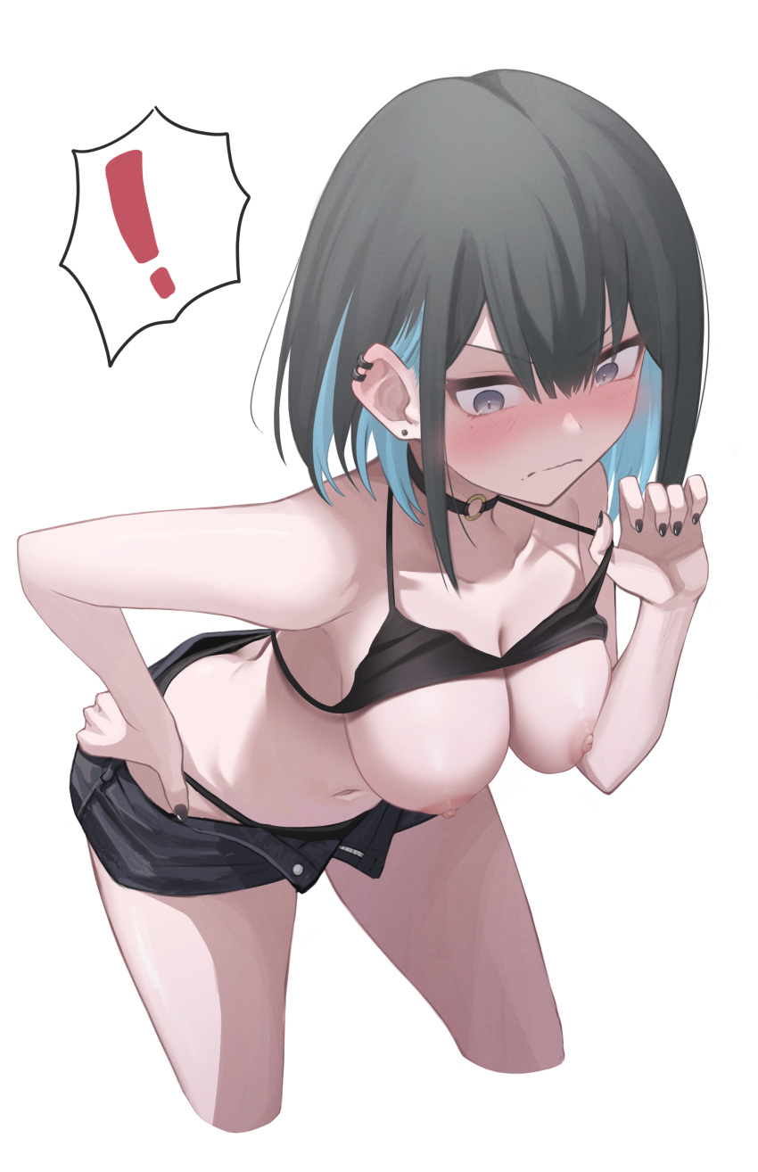 ! 1girl absurdres black_bra black_choker black_hair black_nails black_panties blue_eyes blue_hair blush bra bra_lift choker collarbone colored_inner_hair cropped_legs ear_piercing earrings hand_on_hip hand_up highres jewelry lifted_by_self looking_down mole mole_under_eye mole_under_mouth multicolored_hair nail navel nipples open_fly original panties piercing short_hair short_shorts shorts simple_background solo string_panties underwear white_background yako_mashiro