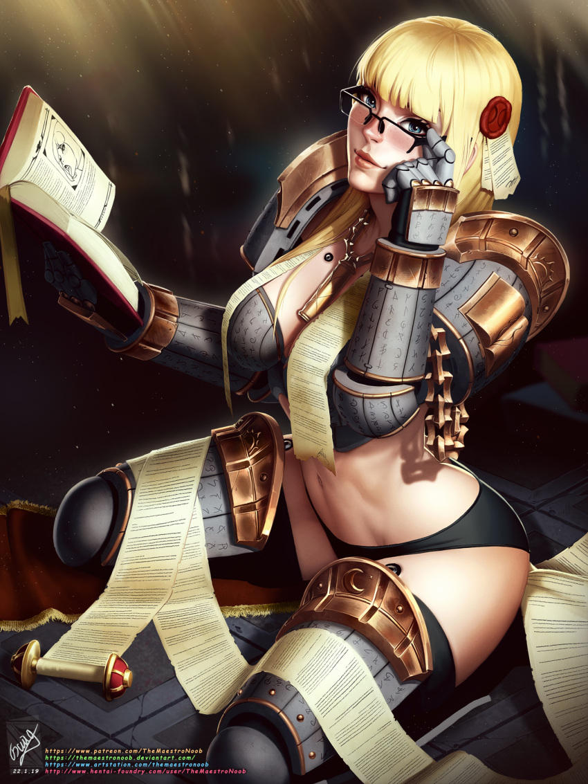 1girl adjusting_eyewear armor armored_boots bangs bible_(object) black_panties blonde_hair blue_eyes bob_cut book boots bra breasts cleavage closed_mouth english_commentary freckles gauntlets glasses hair_ornament highres holding holding_book lips looking_at_viewer midriff navel panties photoshop_(medium) revealing_clothes revision seiza short_hair sitting smile solo space_marine themaestronoob underwear warhammer_40k watermark wax_seal web_address word_bearers