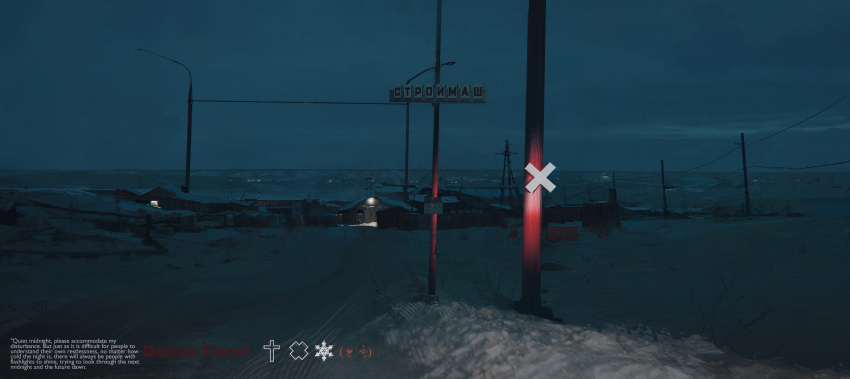 absurdres cross cyrillic english_text euroroyan fence field flashlight highres house lamppost light mountainous_horizon night no_humans original out_of_frame outdoors overcast peaceful power_lines road scenery shed sign snow town utility_pole x