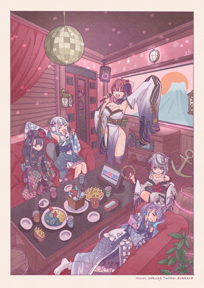 1boy 5girls ^_^ ^o^ absurdres anchor barrel blinds border breasts closed_eyes closed_mouth couch cup curtains detached_sleeves disco_ball drinking_glass fish_tail food gawr_gura grey_hair highres holding holding_microphone hololive hololive_english houshou_marine indoors instrument japanese_clothes karaoke karaoke_box kimono large_breasts microphone minato_aqua multiple_girls music ninomae_ina'nis obi official_alternate_costume on_couch open_mouth peeking pelvic_curtain plate purple_hair red_hair sakamata_chloe saku39_(skb318) sash shark_girl shark_tail singing sitting sleeping speaker standing standing_on_one_leg table tablet_pc tail tambourine tentacle_hair umisea virtual_youtuber white_border white_hair wide_sleeves